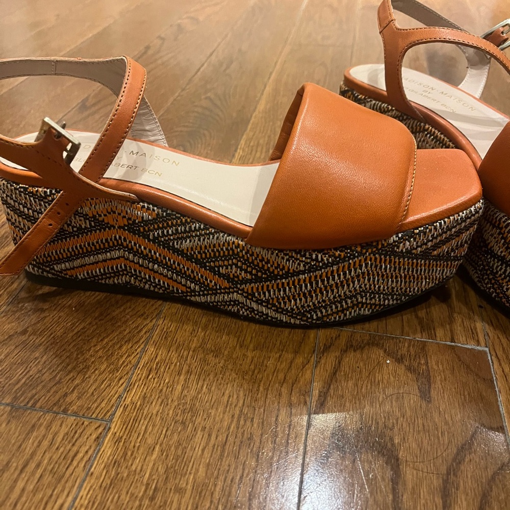 Madison Maison Woven Platform Wedge Sandals Orange Size 38 Ankle Strap Heels